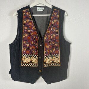 Quacker Factory Womens Black Halloween Trick or Treat Jean Vest Jacket Patchwork